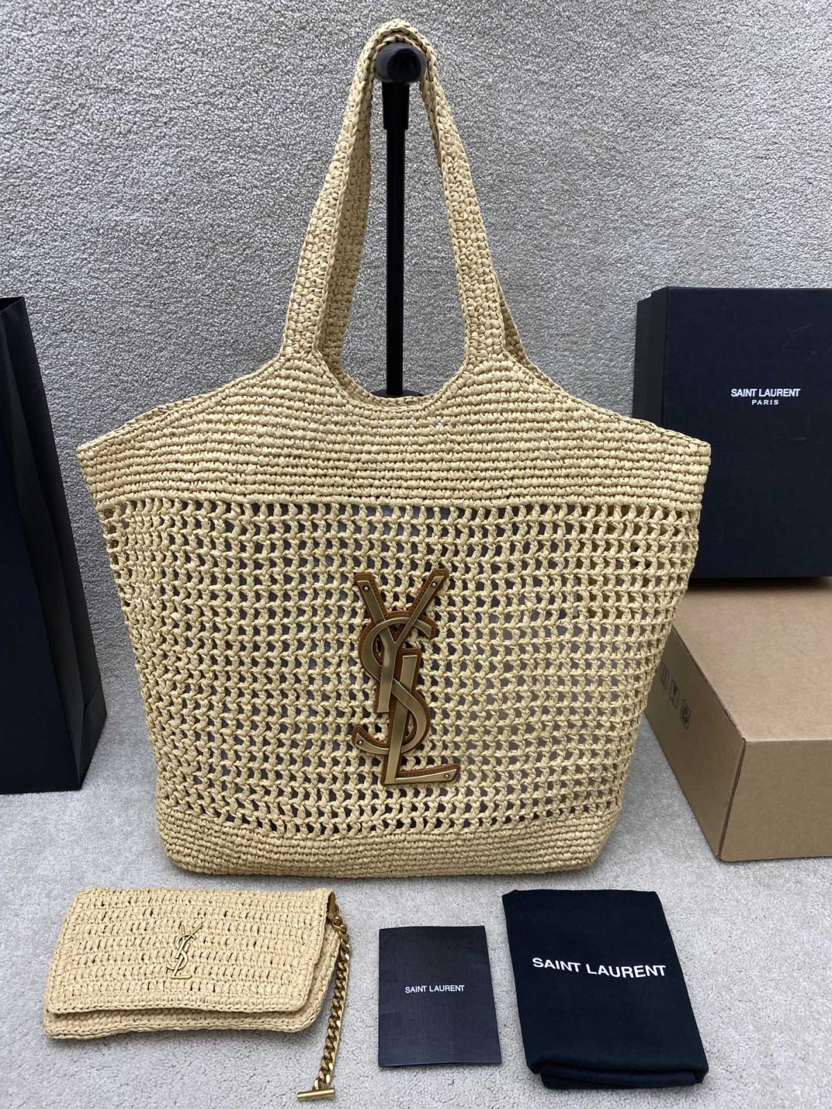 YSL ICARE Woven Shopping Bag Raffia Apricot Gold