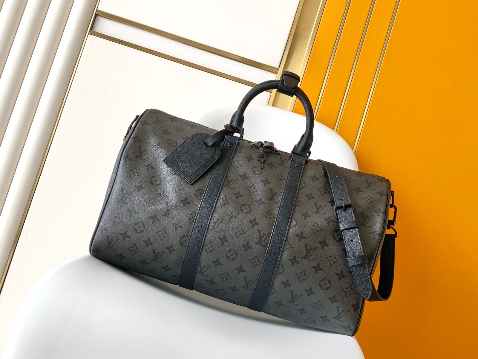 LV Keepall Bandoulière 45 M28403 Black Grey Travel Bag