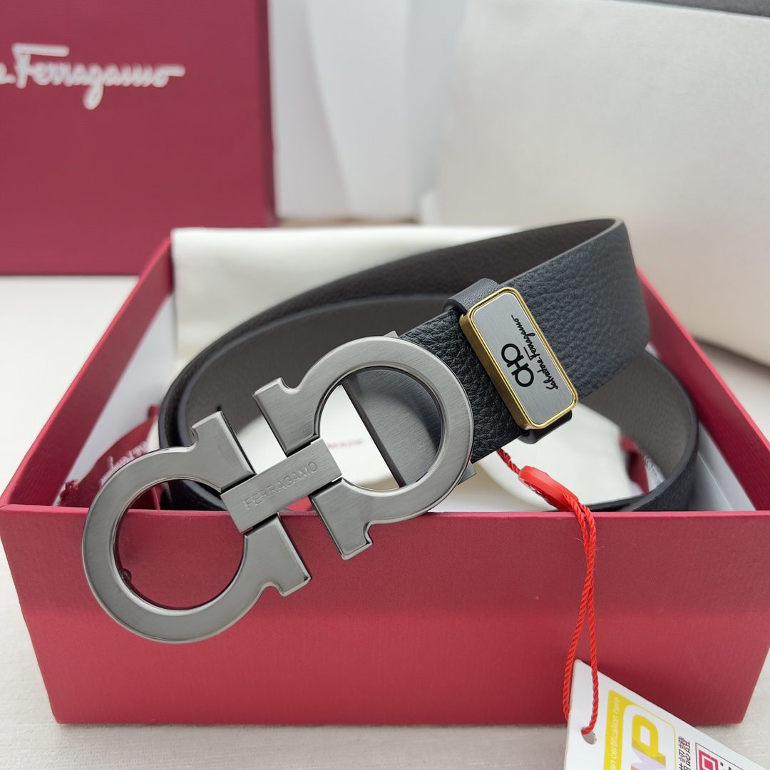 Ferragamo Men Belt Gunmetal Polished Buckle