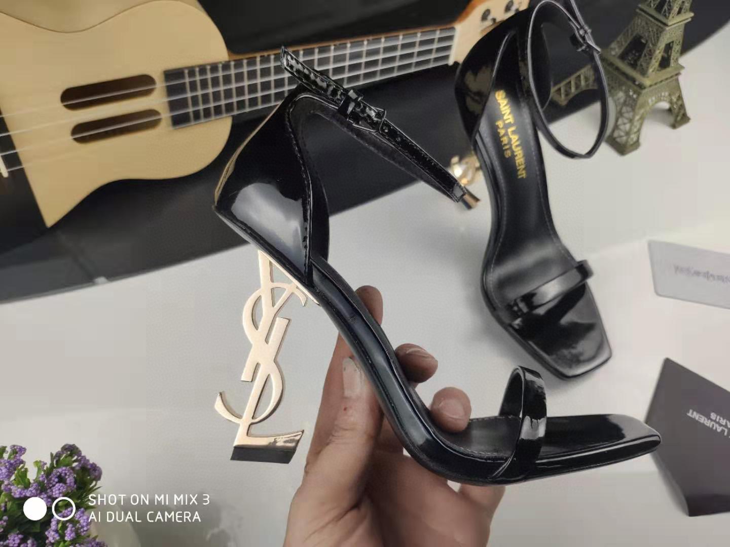 YSL Logo Metal Buckle Heeled Sandals