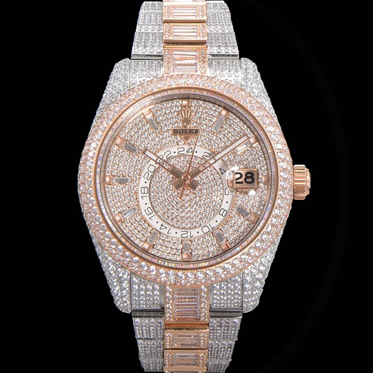ROLEX SKY DWELLER 42MM 326933 TWO TONE ROSE GOLD DIAL FULLY ICED OUT DIAMOND OYSTER BRACELET