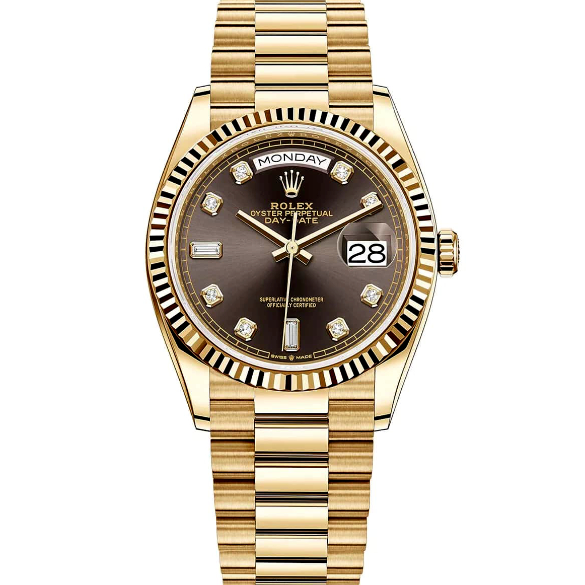 Rolex President Day Date Yellow Gold Brown Diamond Dial Watch 128238