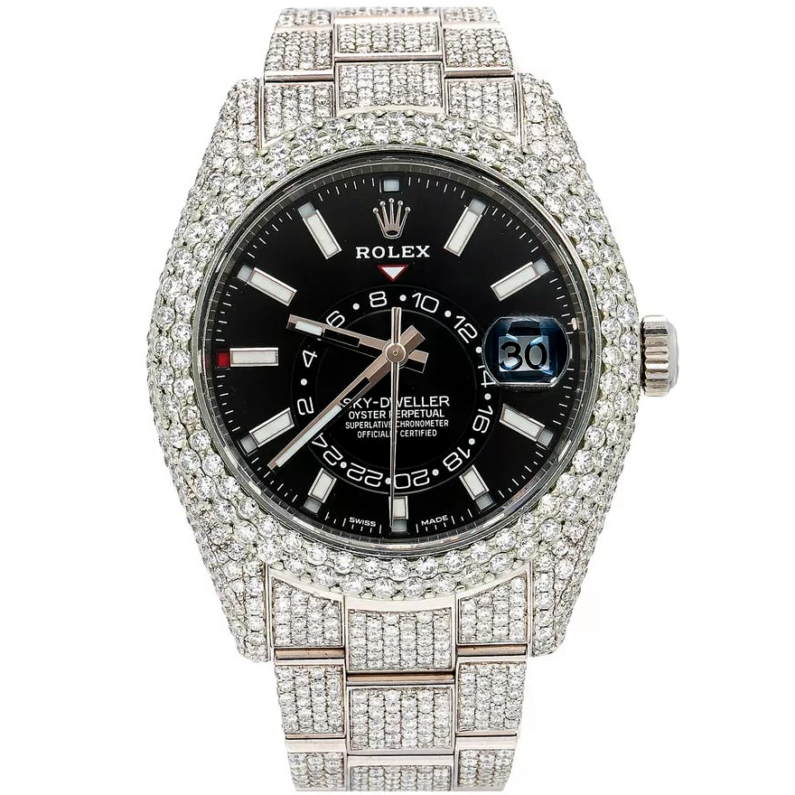 ROLEX SKY DWELLER 42MM 326933 SILVER BLACK DIAL FULLY ICED OUT DIAMOND OYSTER BRACELET