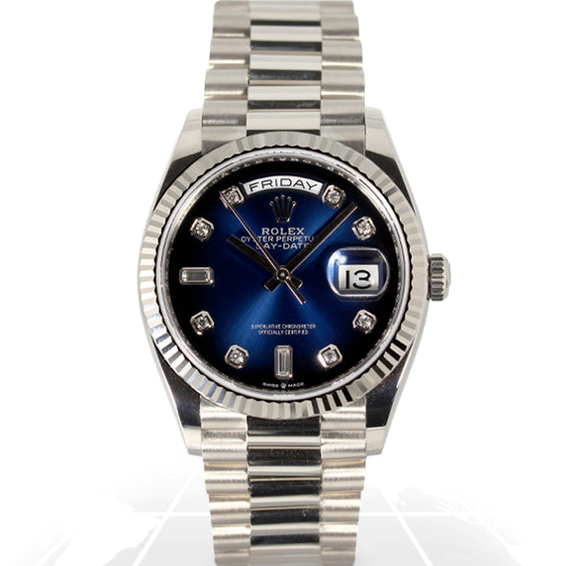Rolex President Day Date White Gold Diamond Blue Dial Watch 128239