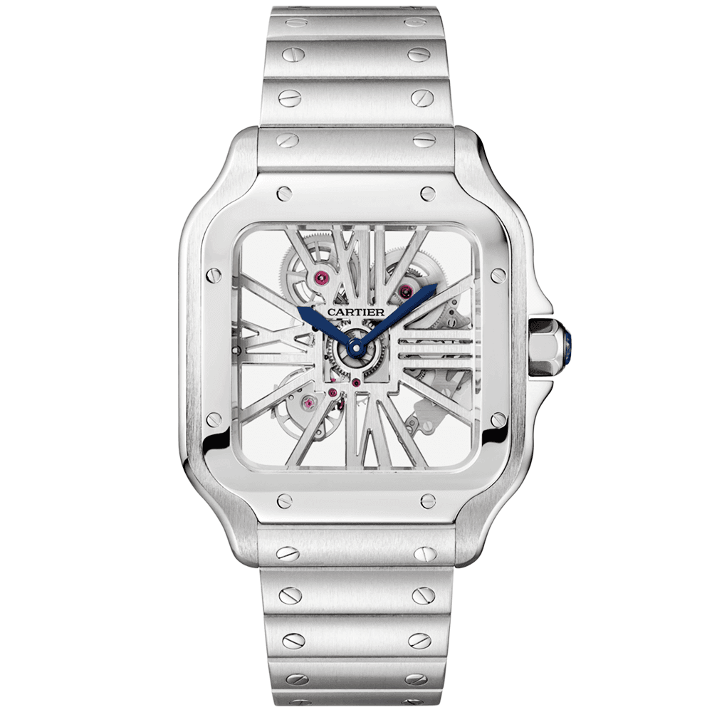 Santos de Cartier Large Steel Skeleton Dial Bracelet Strap Watch
