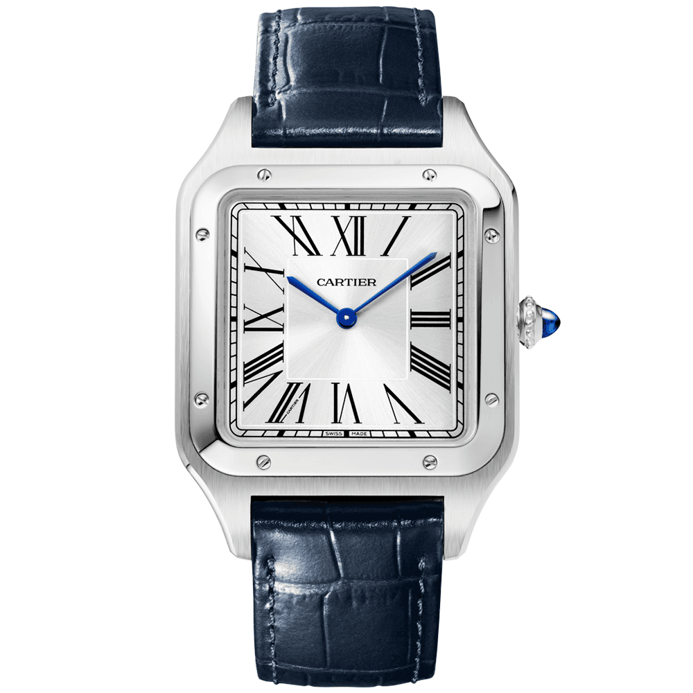 Cartier Santos Dumont XL Steel Silver Dial Leather Strap Watch