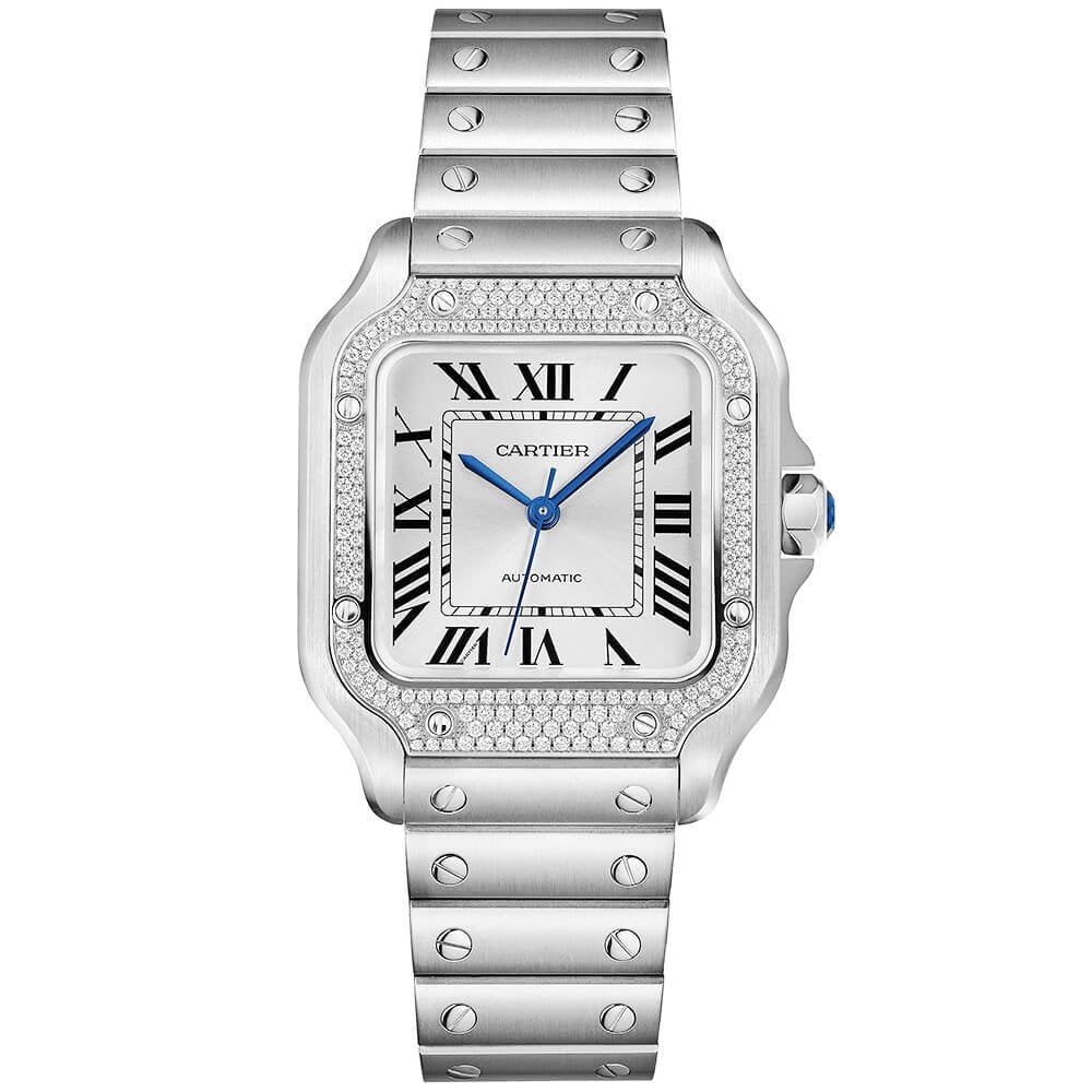 Santos de Cartier Medium Steel Diamond Set Bezel Bracelet Strap Watch