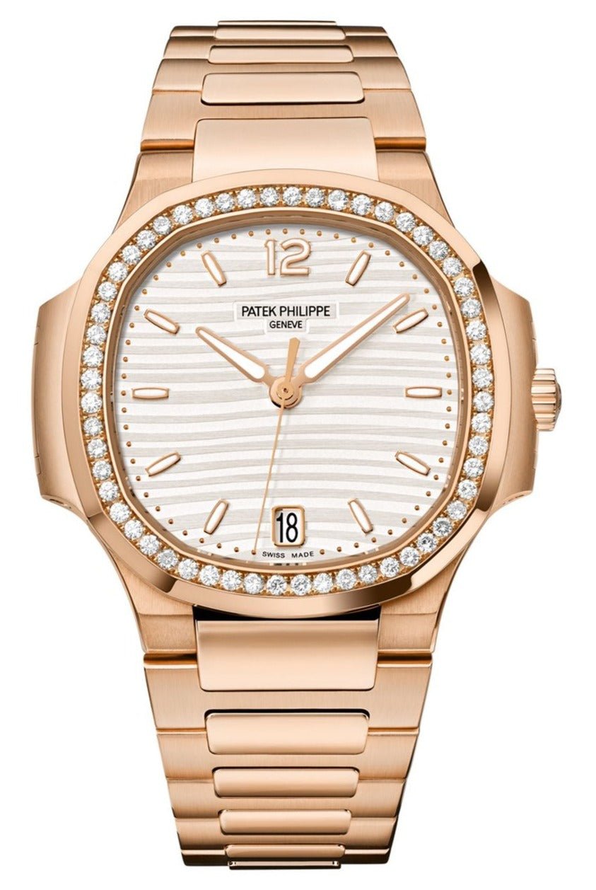 Patek Philippe Nautilus Ladies Rose Gold Nautilus White Dial Diamond Bezel 71181200R 001