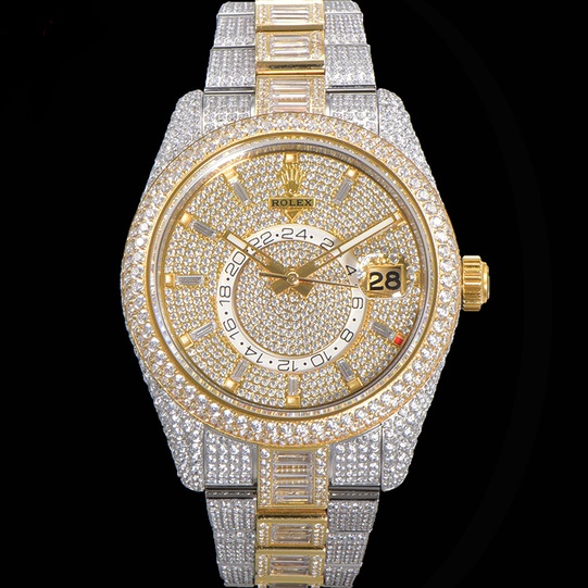 ROLEX SKY DWELLER 42MM 326933 TWO TONE GOLD DIAL FULLY ICED OUT DIAMOND OYSTER BRACELET