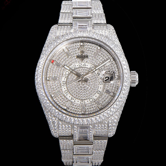 ROLEX SKY DWELLER 42MM 326933 SILVER DIAL FULLY ICED OUT DIAMOND OYSTER BRACELET