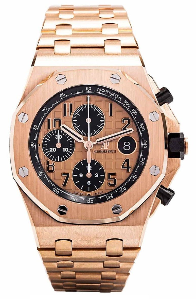 Audemars Piguet Royal Oak Offshore Selfwinding Chronograph 18k Rose Gold Pink Toned Dial Black Sub Dials