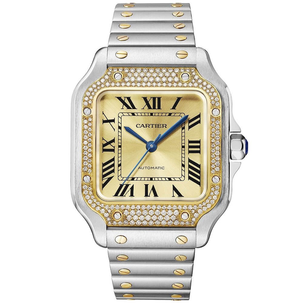 Santos de Cartier Medium Steel 18ct Yellow Gold Diamond Set Watch