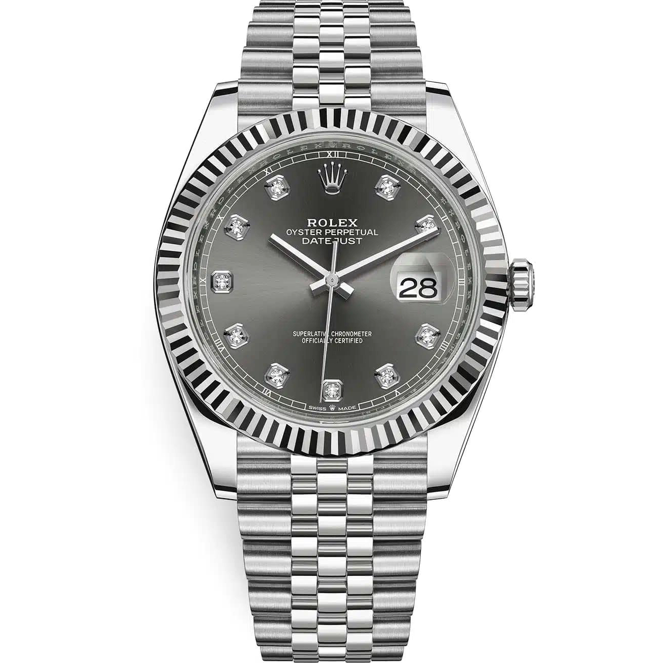 Rolex Datejust 41 126334 Fluted Bezel Jubilee Bracelet Rhodium Diamond Dial