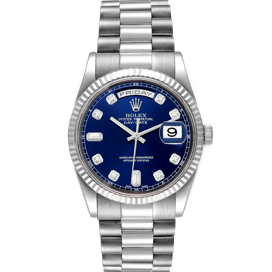 Rolex Day Date 18k White Gold Diamond 118238 Blue Dial Watch