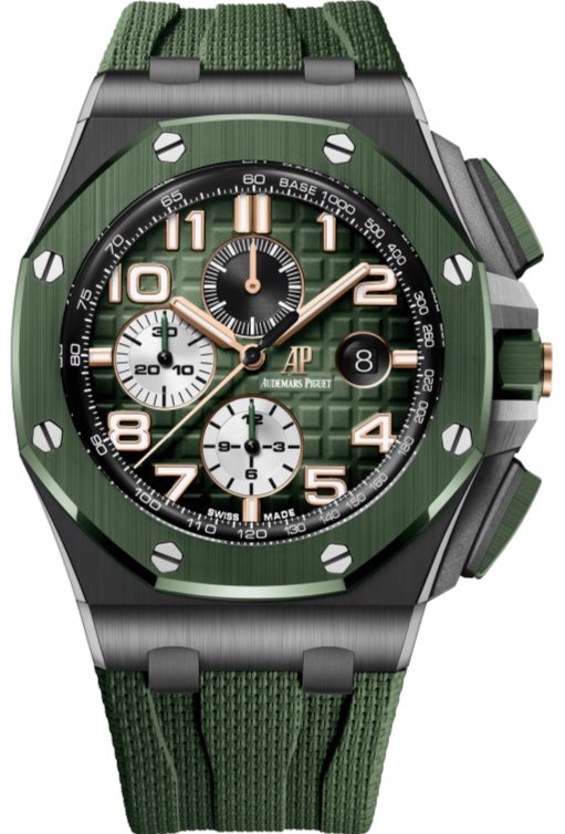 Audemars Piguet Royal Oak Offshore Selfwinding Chronograph Stainless Steel Green Strap Green Dial White Sub Dials Green Ceramic Bezel