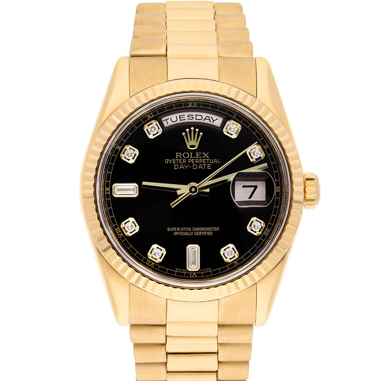 Rolex President Day Date Yellow Gold Black Diamond Dial Watch 118238