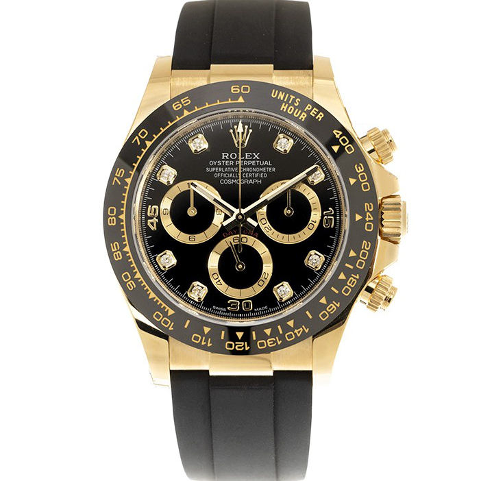 Rolex Daytona Watch 40MM Yellow Gold Black Diamond Index Dial Rubber 116518LN