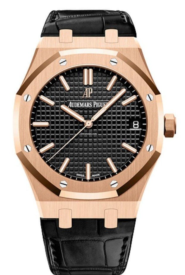 Audemars Piguet Royal Oak Selfwinding Rose Gold Black Dial Black Leather Strap