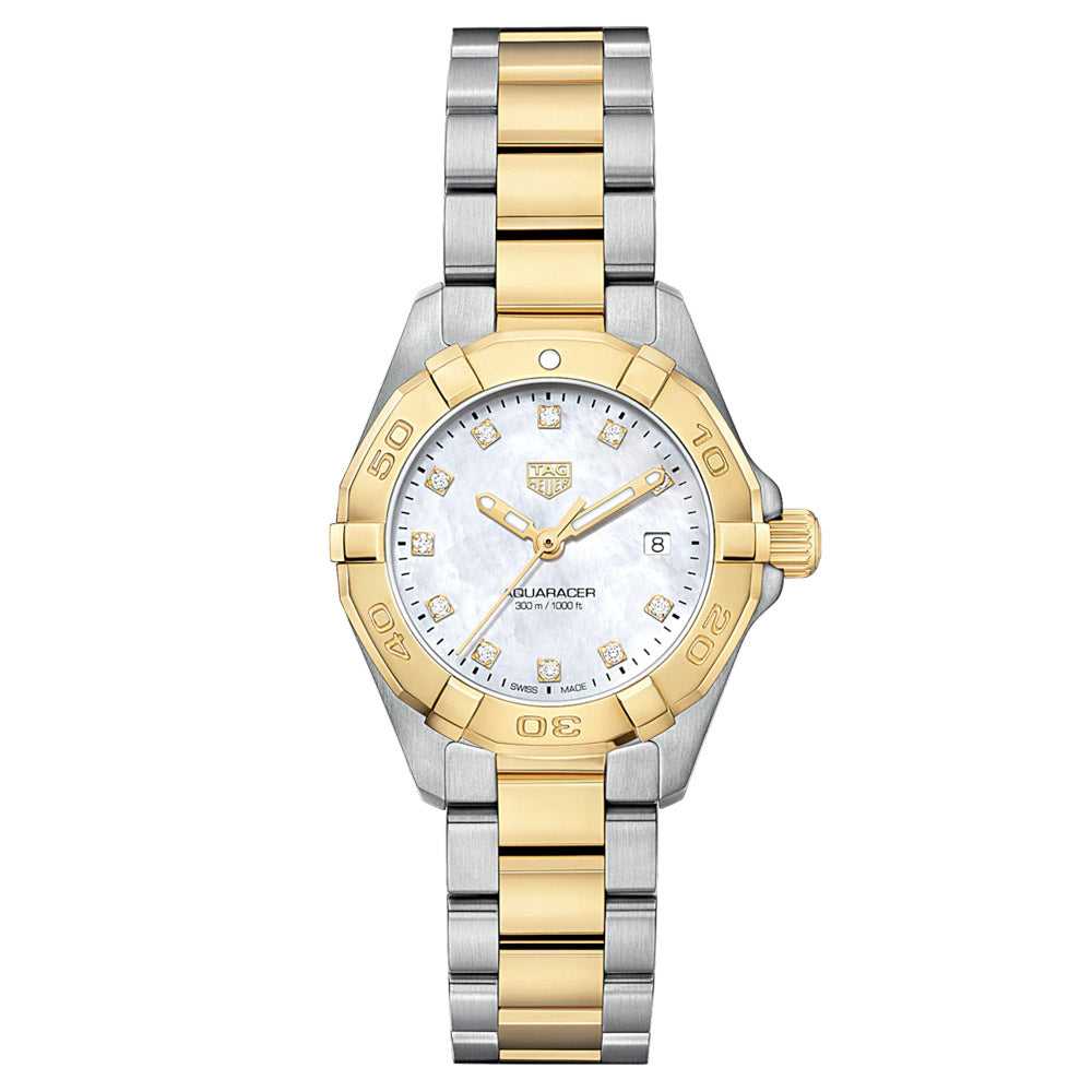 TAG Heuer Aquaracer 27mm Diamond Dot MOP Dial 18ct Gold Plated Steel Two Tone Quartz Ladies Watch WBD1422 BB0321