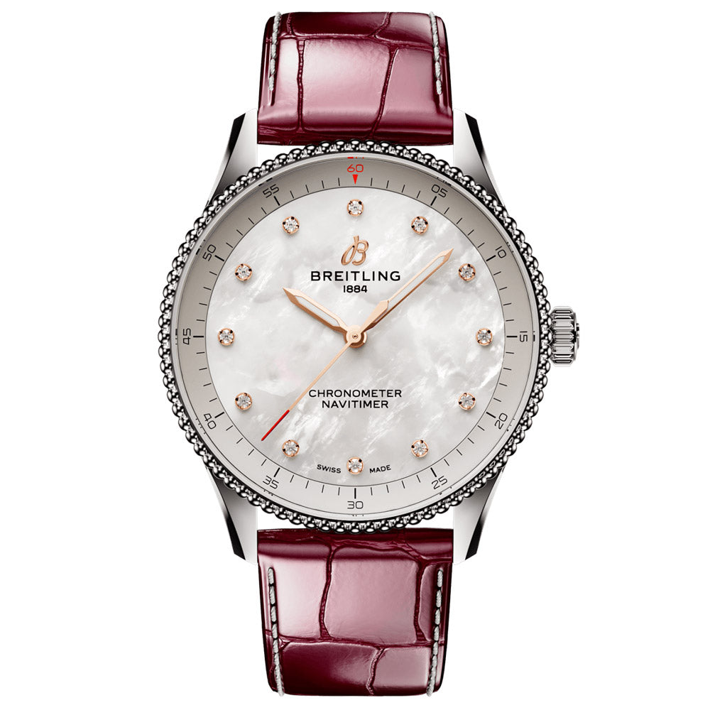 Breitling Navitimer 32mm MOP Diamond Dot Dial Quartz Ladies Watch A77320E61A2P2