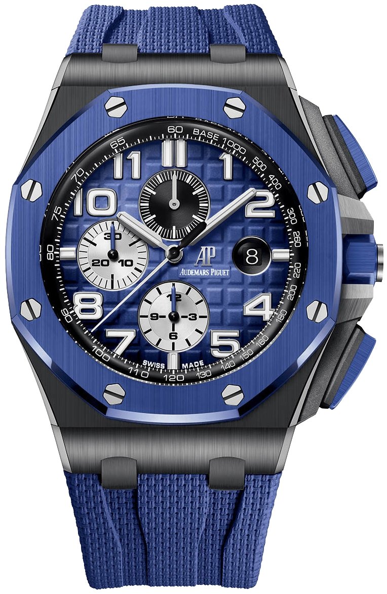 Audemars Piguet Royal Oak Offshore Selfwinding Chronograph Stainless Steel Blue Strap Blue Dial White Sub Dials Blue Ceramic Bezel