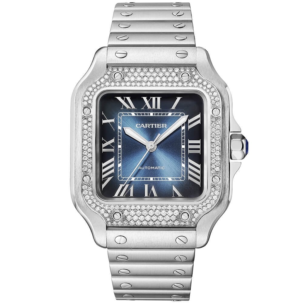 Santos de Cartier Medium Diamond Set Automatic Steel Bracelet Strap Watch