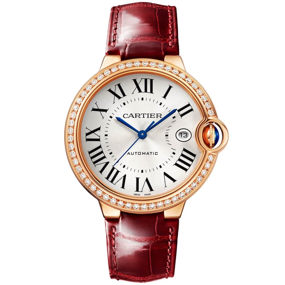 Cartier Ballon Bleu 18ct Rose Gold 40mm Diamond Bezel Set Leather Strap Watch