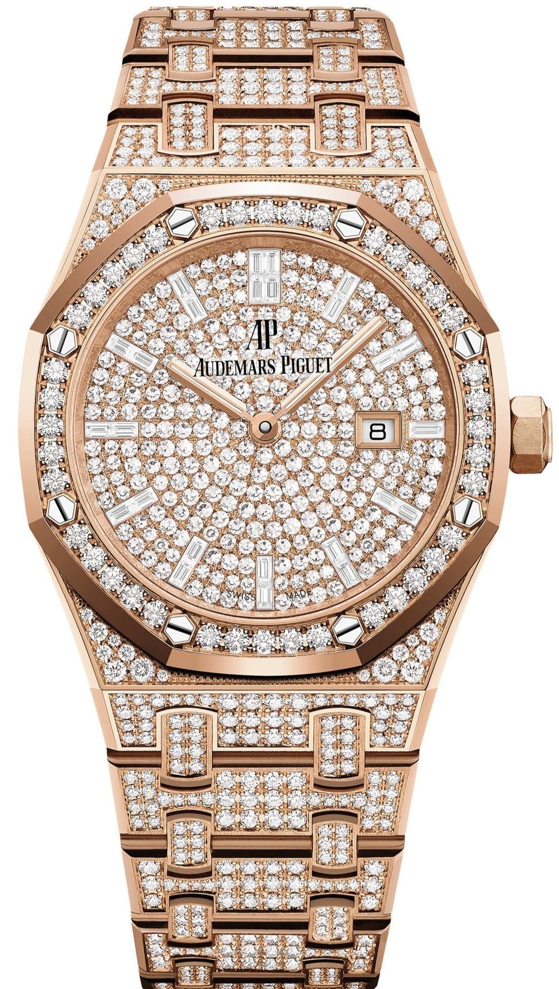 Audemars Piguet Royal Oak 33mm Quartz Rose Gold Pave Diamond Dial Case Bezel and Bracelet
