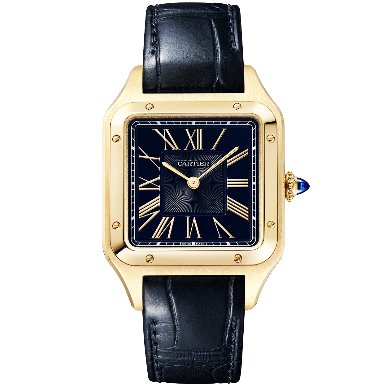 Cartier Santos Dumont Large 18ct Yellow Gold Blue Dial Strap Watch