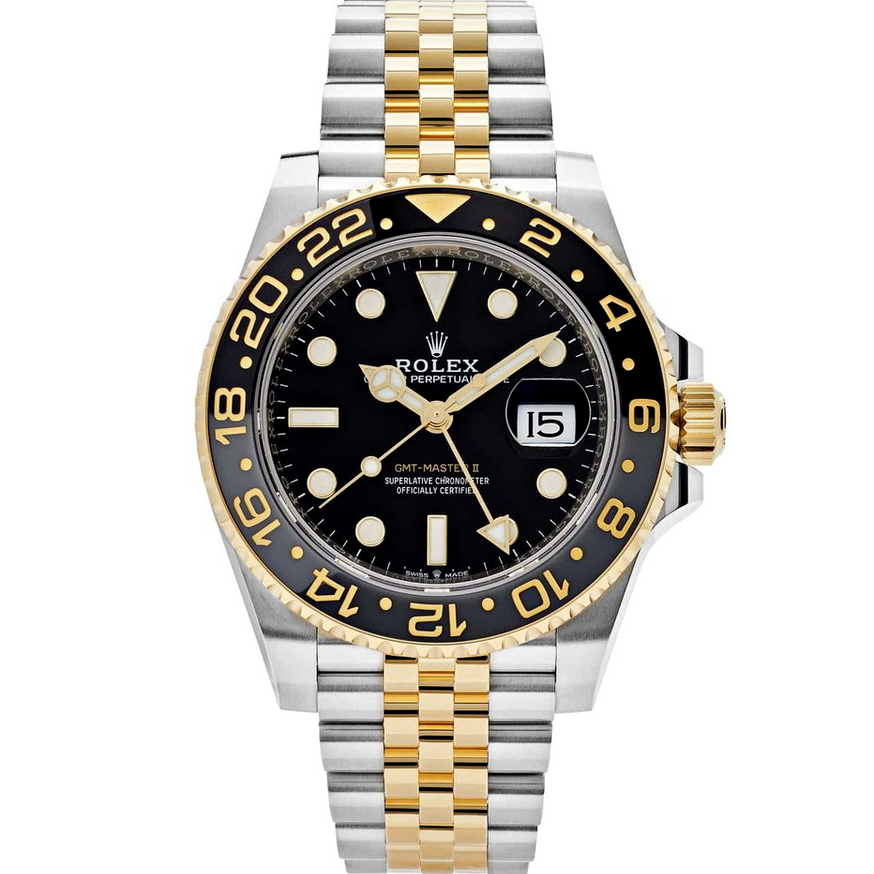 Rolex GMT Master II 40mm Silver Gold Black Dial Black Grey Bezel 126718GRNR