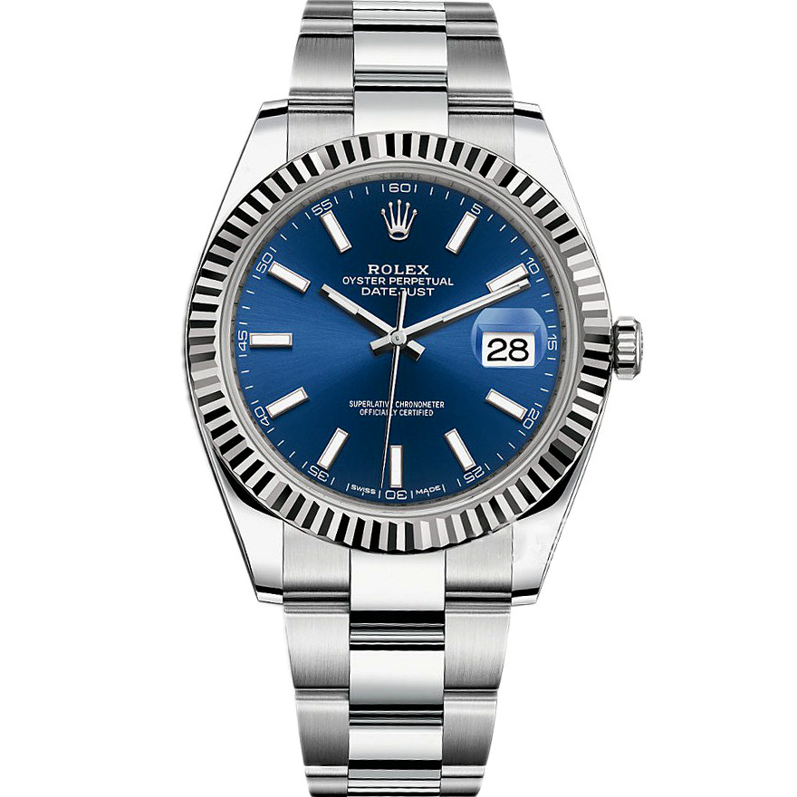 Rolex DateJust 41 Stainless Steel 18k White Gold Bezel Blue Dial 126334 Watch