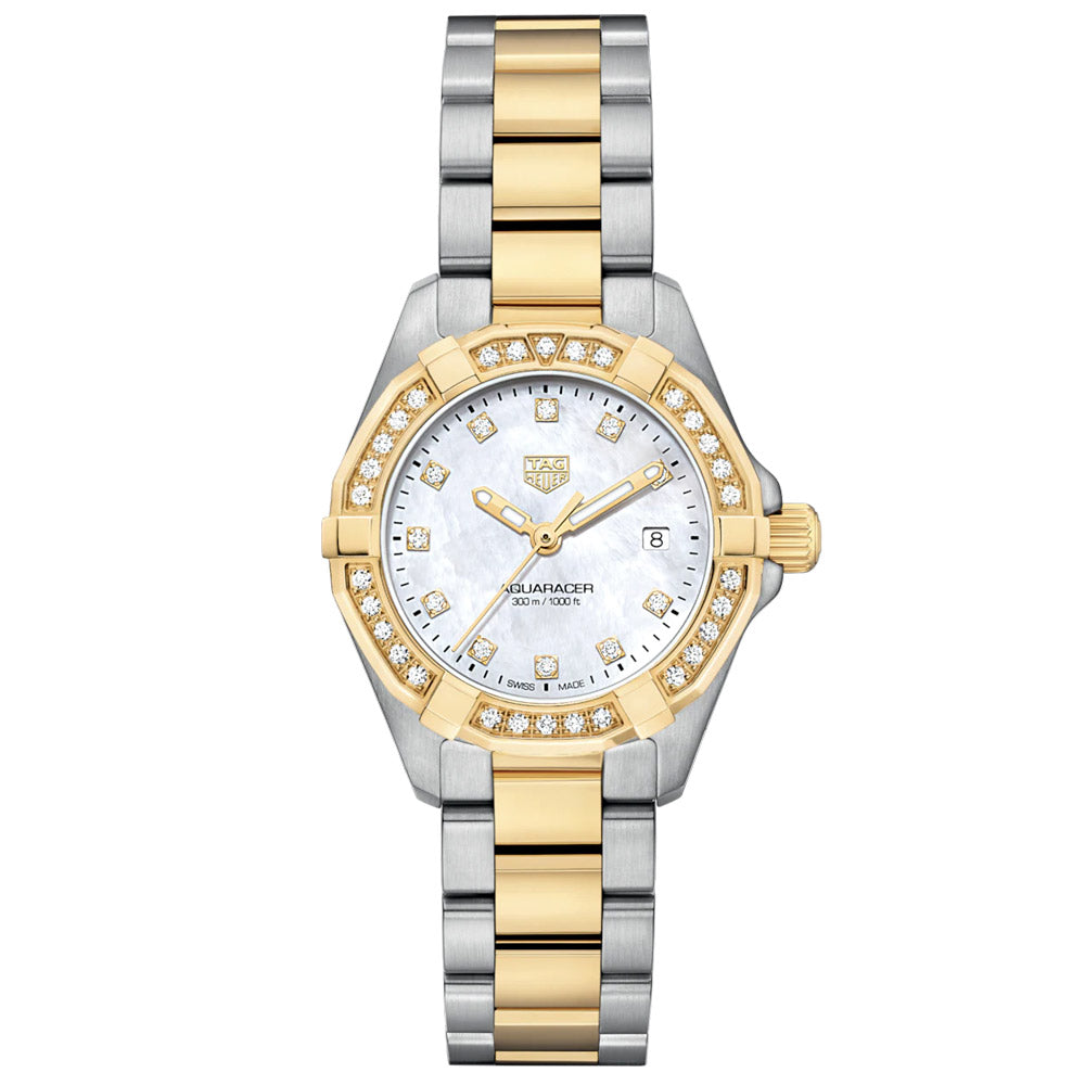 TAG Heuer Aquaracer 27mm MOP Diamond Dot Dial 18ct Gold Plated Steel Two Tone Ladies Quartz Watch WBD1423 BB0321