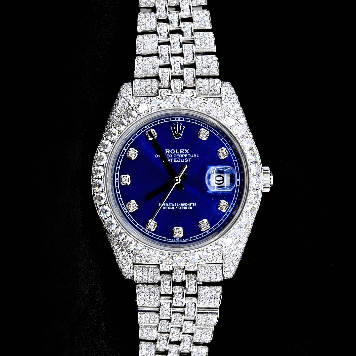 Rolex Date Just 41mm Jubilee Band Stainless Blue Dial Iced Out Watch
