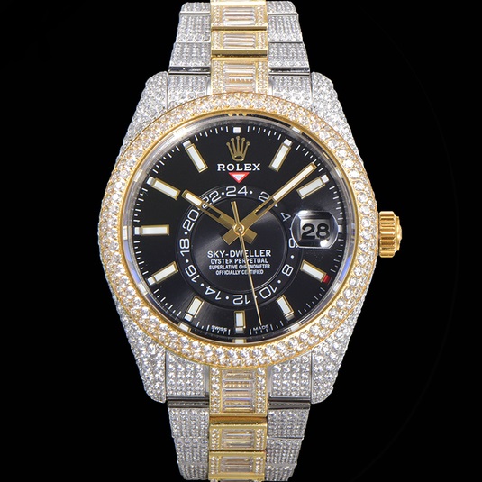 ROLEX SKY DWELLER 42MM 326933 TWO TONE GOLD DIAL FULLY ICED OUT DIAMOND OYSTER BRACELET