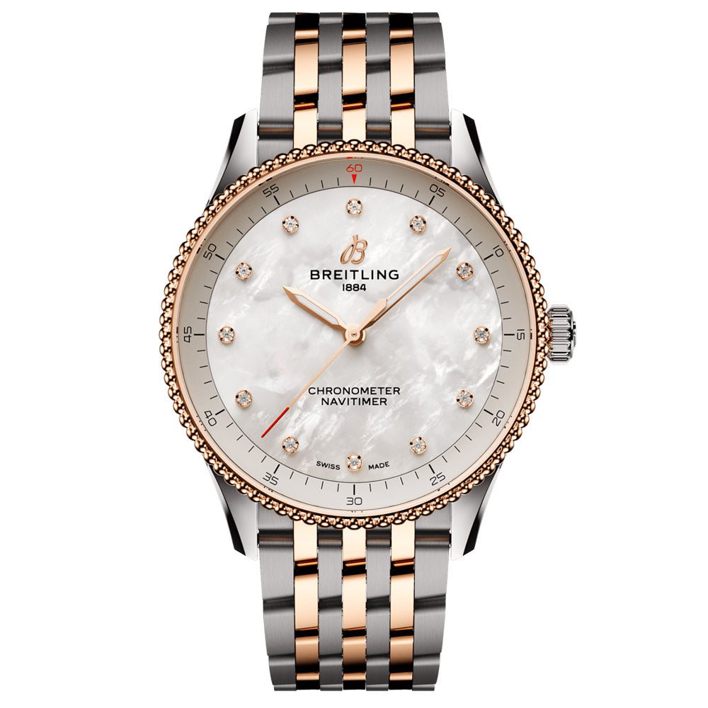 Breitling Navitimer 32mm MOP Diamond Dot Dial 18ct Rose Gold and Steel Quartz Ladies Watch U77320E61A1U1