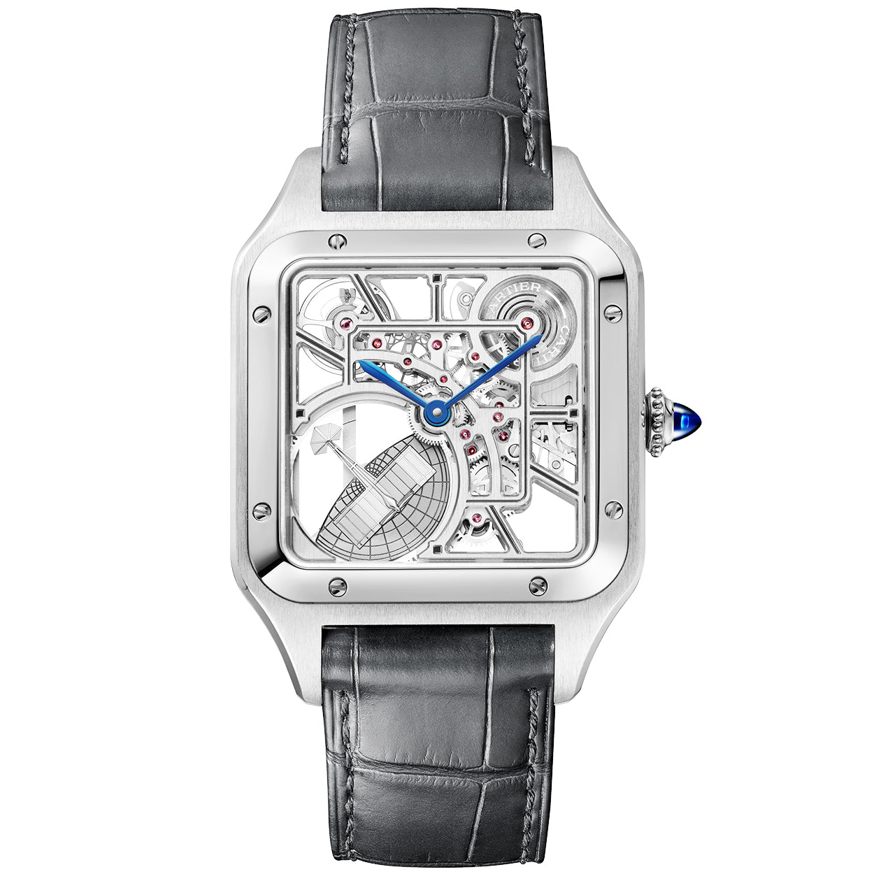 Cartier Santos Dumont Large Steel Skeleton Dial Automatic Strap Watch