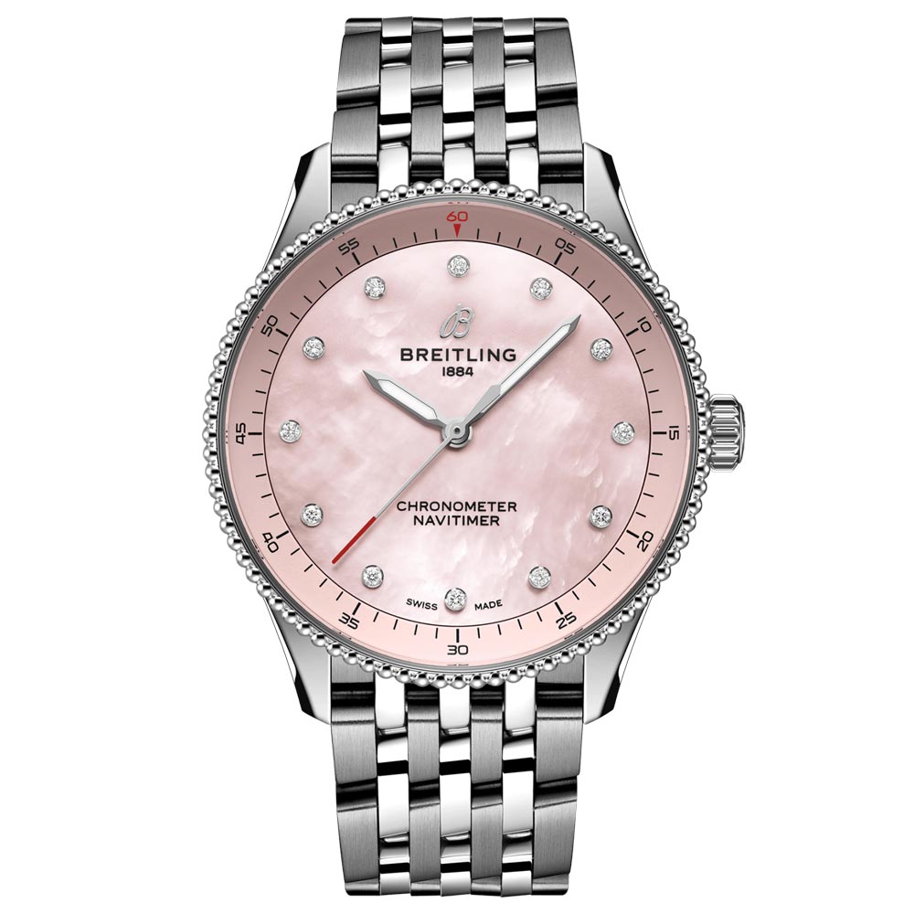 Breitling Navitimer 32mm Pink MOP Diamond Dot Dial Quartz Ladies Watch A77320D91K1A1