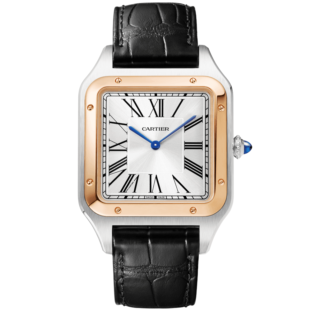 Cartier Santos Dumont XL Steel 18ct Rose Gold Silver Dial Leather Strap Watch