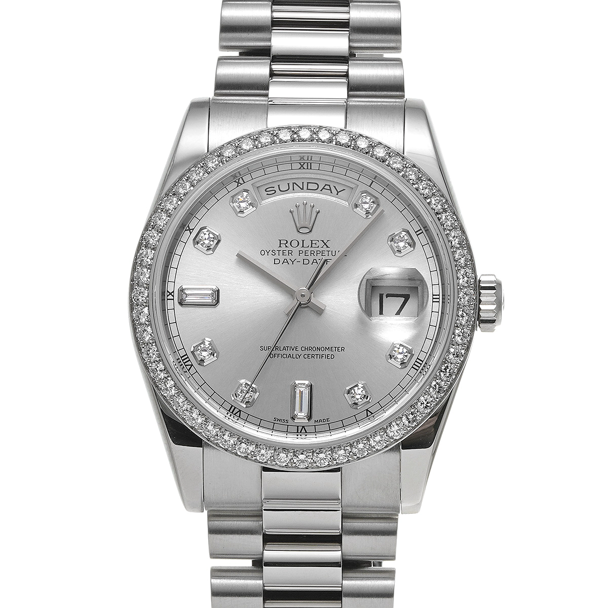 Rolex President Day Date Silver Dial Platinum Diamond Watch 18046