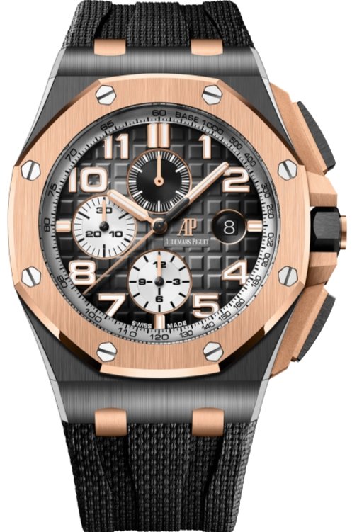 Audemars Piguet Royal Oak Offshore Selfwinding Chronograph Stainless Steel Black Dial White Sub Dial Rose Gold Bezel