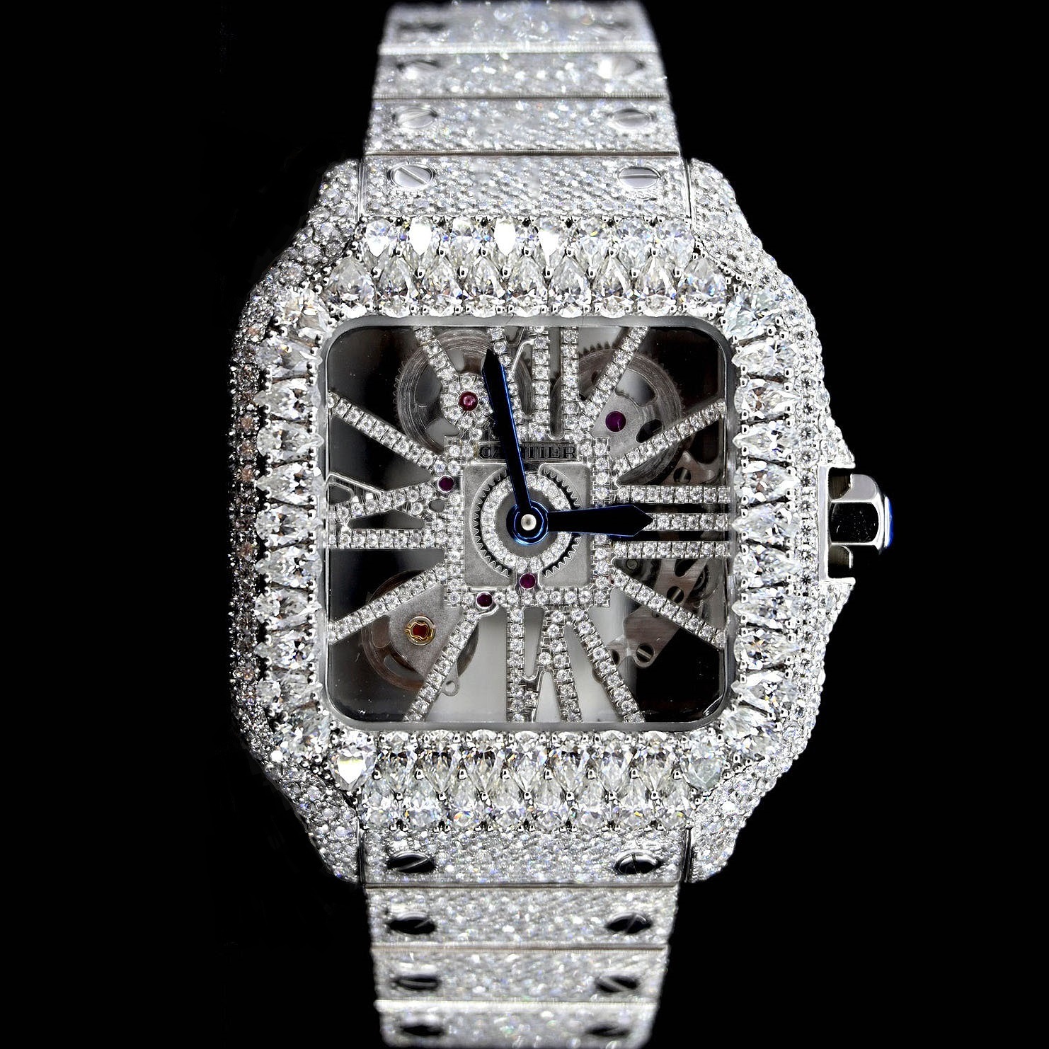 Cartier Santos De Cartier Skeleton Hand Wound Movement Custom Pave Diamond ICED OUT