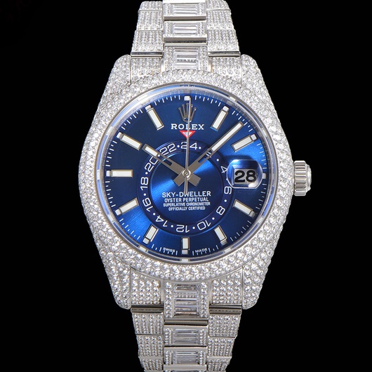 ROLEX SKY DWELLER 42MM 326933 BLUE DIAL FULLY ICED OUT DIAMOND OYSTER BRACELET