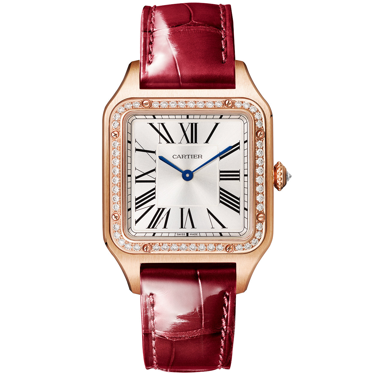 Cartier Santos Dumont Large 18ct Rose Gold Silver Dial Diamond Bezel Watch