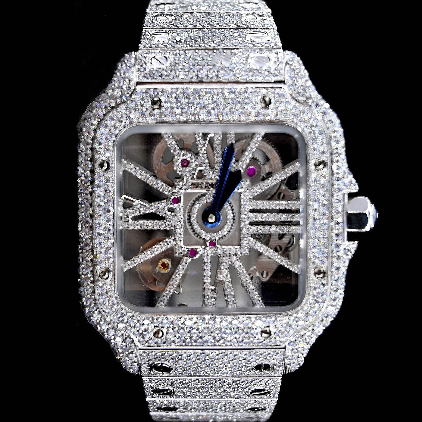 Cartier Santos De Cartier Skeleton Hand Wound Movement Custom Pave Diamond ICED OUT 02