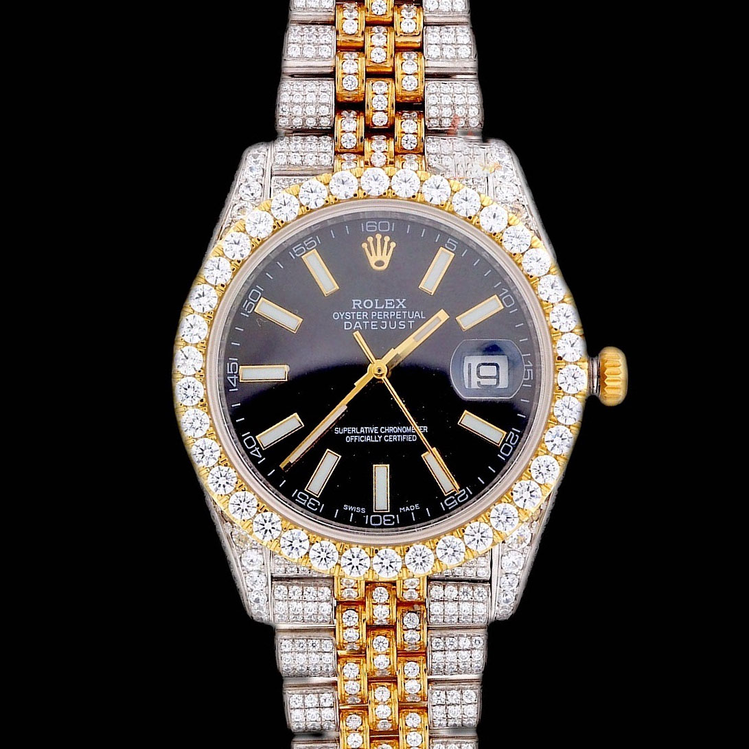 Rolex date Just 41mm Jubilee band Two Stone White Yellow Iced Out Watch