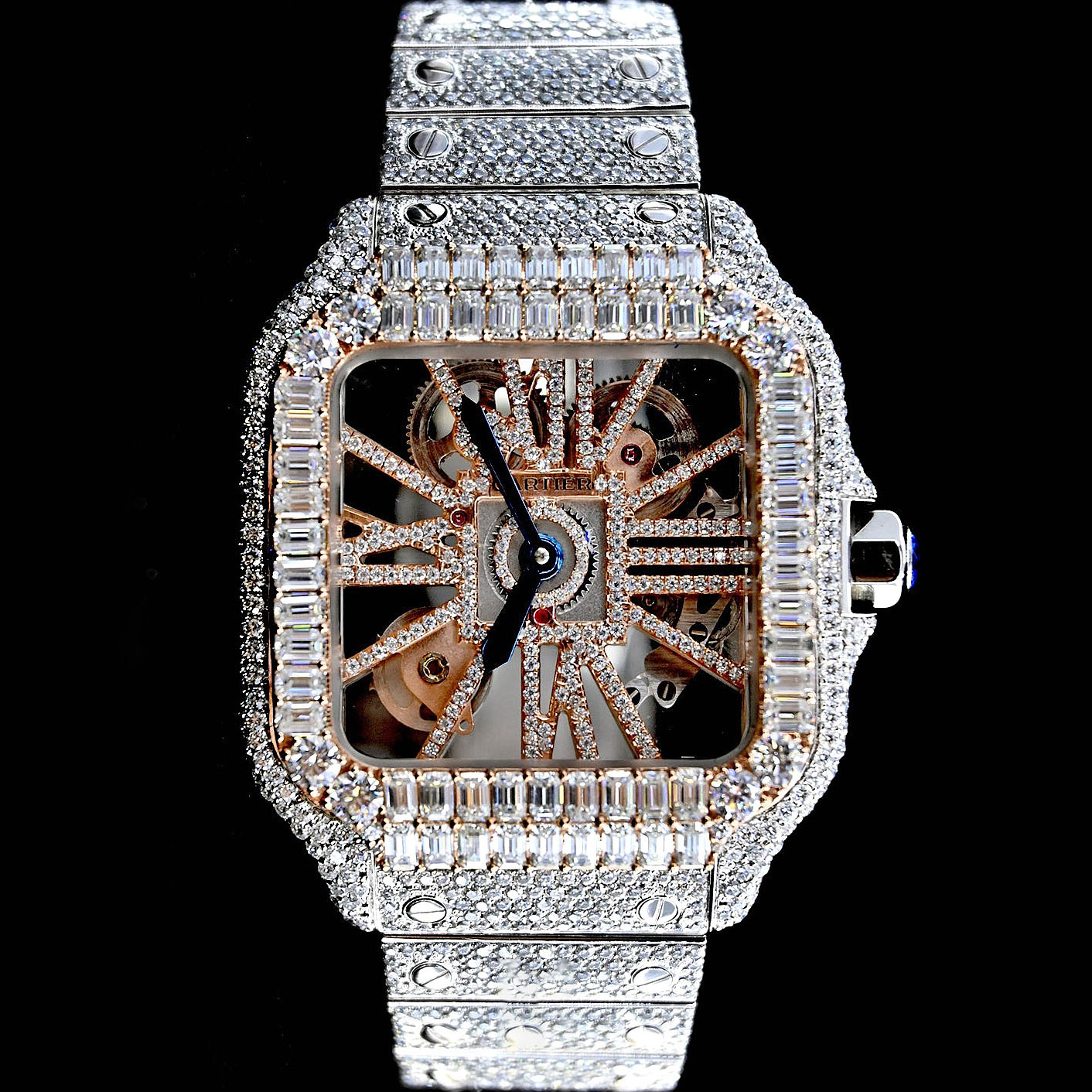 Cartier Santos De Cartier Skeleton Hand Wound Movement Custom Pave Diamond ICED OUT 04