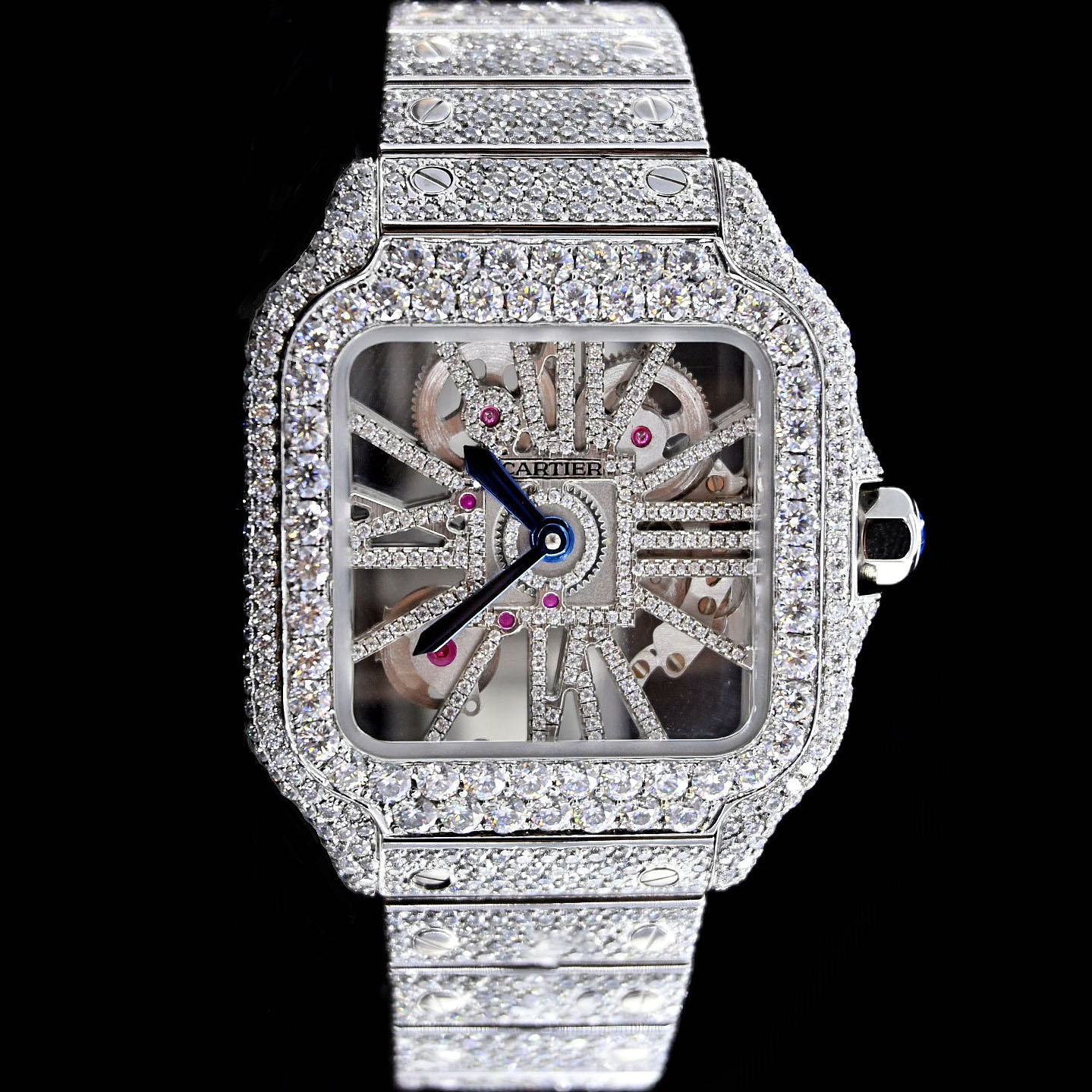 Cartier Santos De Cartier Skeleton Hand Wound Movement Custom Pave Diamond ICED OUT 03