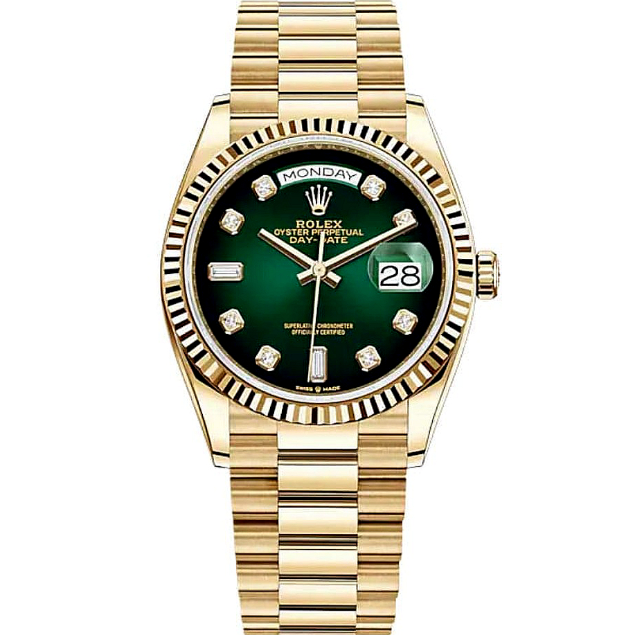 Rolex Day Date 36 128238 Green Diamond Dial Yellow Gold Watch