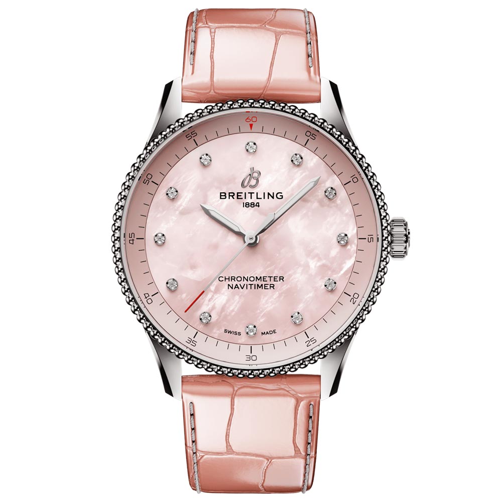 Breitling Navitimer 32mm Pink MOP Diamond Dot Dial Quartz Ladies Watch A77320D91K1P1