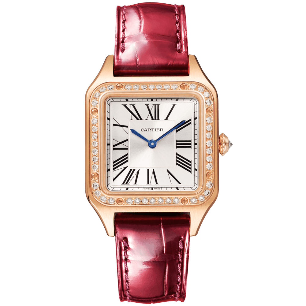 Cartier Santos Dumont Small 18ct Rose Gold Silver Dial Diamond Set Bezel Strap Watch